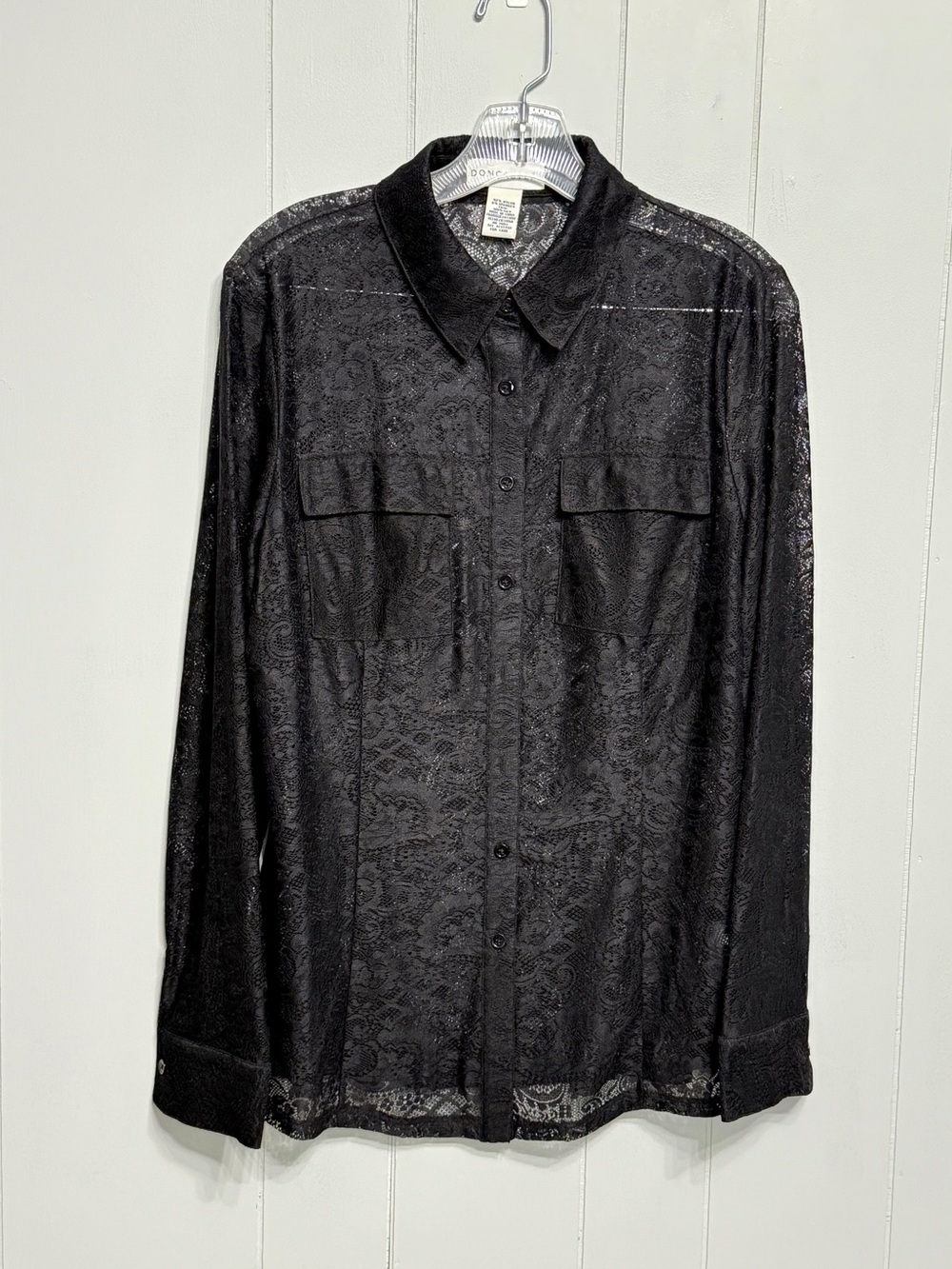 #19)  Doncaster Black Lace-Pattern Button-Down Sheer Shirt